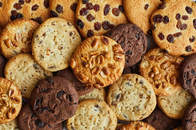 An assortment of different cookies containing chocolate, nuts, and fruits.