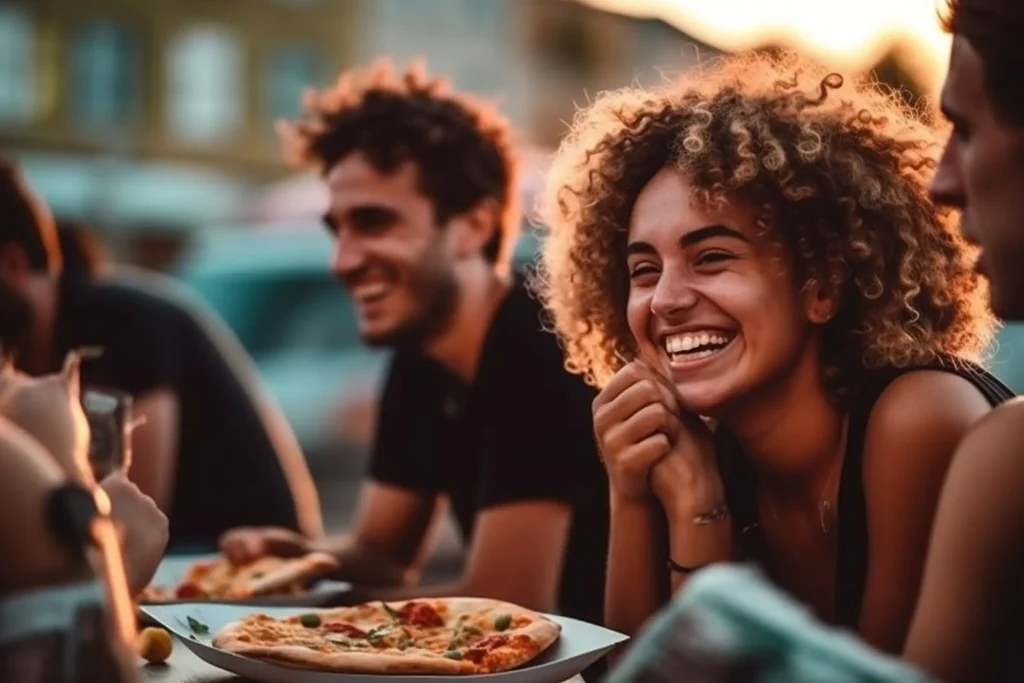 A group of friends sitting outside at sunset and eating pizza together.