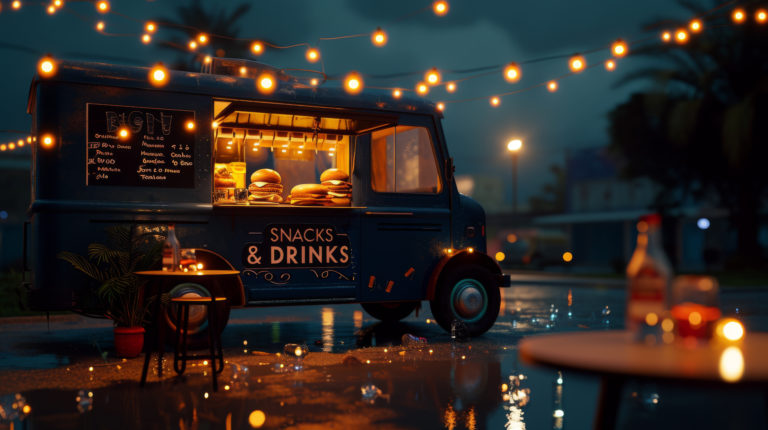 Vibrant food truck at night.