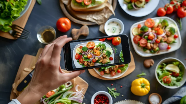 A phone screen with a chef's hand holding a skillet filled with food.