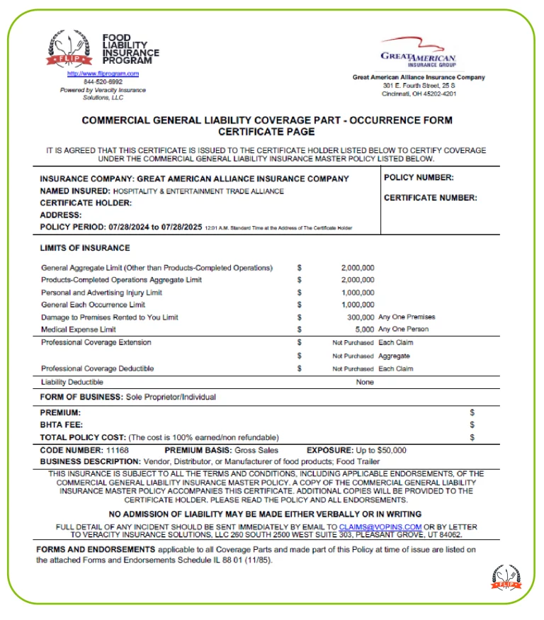 Example of certificate of insurance.